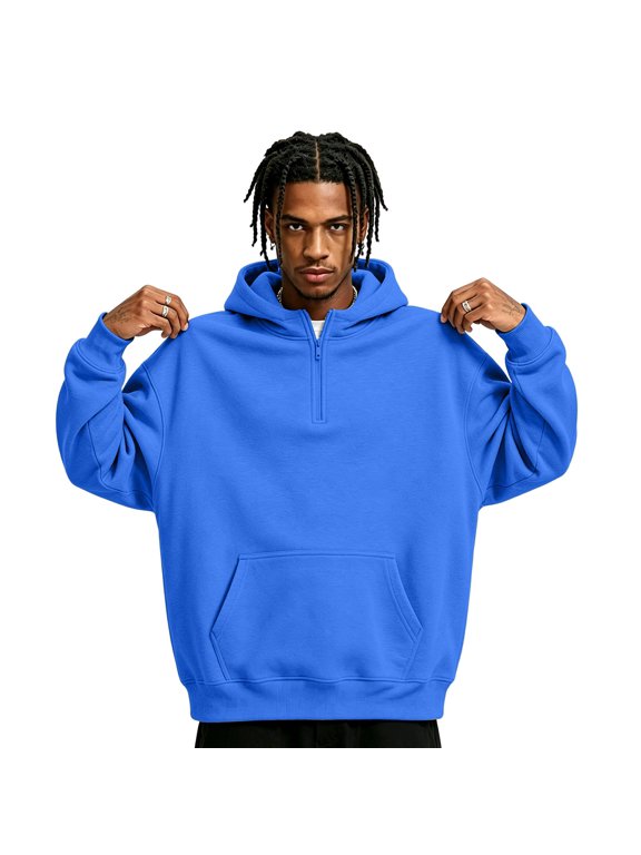 Quarter Zip Mens Flannel Hoodie Blue Long Sleeve Drop Shoulder Mens Sweatshirt Oversized Y2k Trendy Streetwear Zipper Men Hoodie Sweatshirts