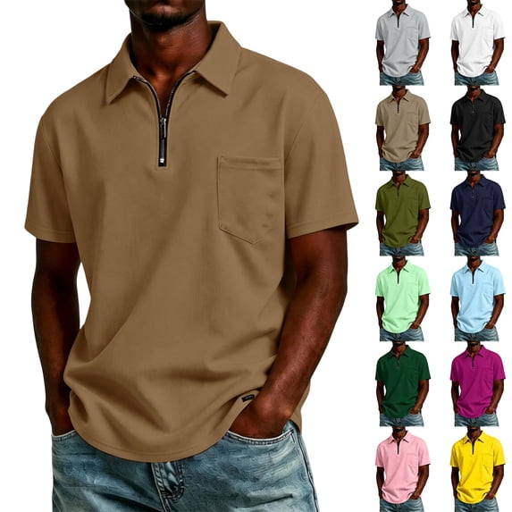 Hearthz Quarter Zip Mens Polos Short Sleeve Moisture Wicking Golf Polos for Men Lapel Collar Golf Polos for Men Tennis Shirt with Pocket Purple XXXL