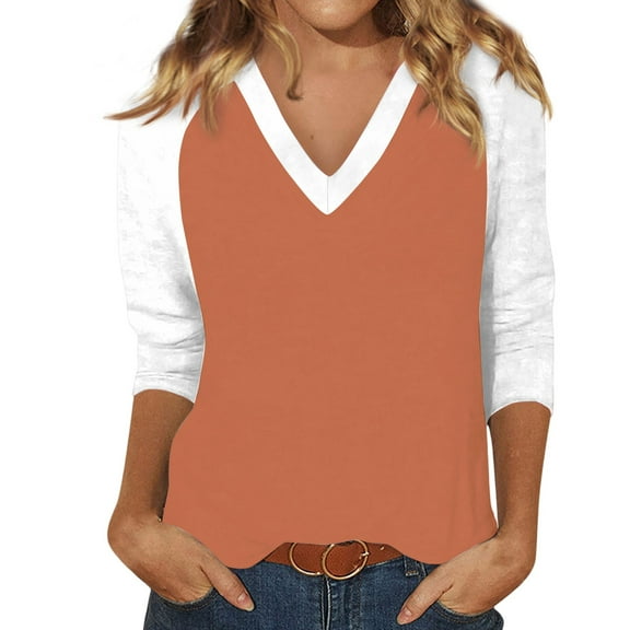Hearthz Raglan 3/4 Sleevet Shirts for Women V Neck Baseball Jersey Patchwork Dressy Tops for Women Fall Cute Blouses for Women