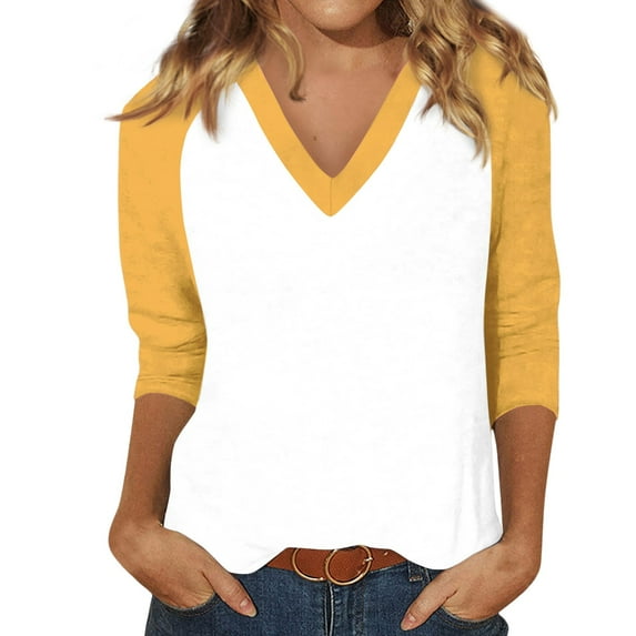 Hearthz Raglan 3/4 Sleevets for Women V Neck Baseball Shirt Color Block Summer Work Tops for Women Fall Summer Blouses