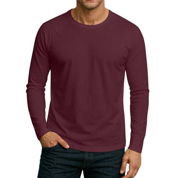 Hearthz Raglan Long Sleeve Mens T Shirts Fall Solid Color O Neck Casual Men's Jersey Baseball Shirt