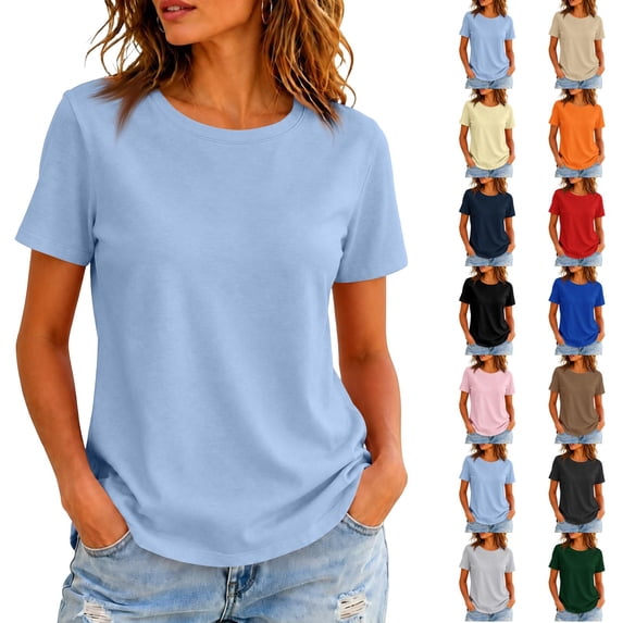 Hearthz Raglan Short Sleeve Shirts Women Solid Color Basic Crewneck Tshirt Women Athletic Workout Plain Teacher Shirts for Women