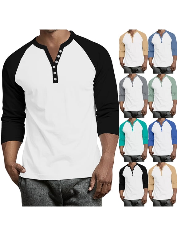 Raglan Sleeve 3/4 Sleeve T Shirts for Men Henley V Neck Button Down Men's T-Shirts Color Block Big and Tall Jersey for Men