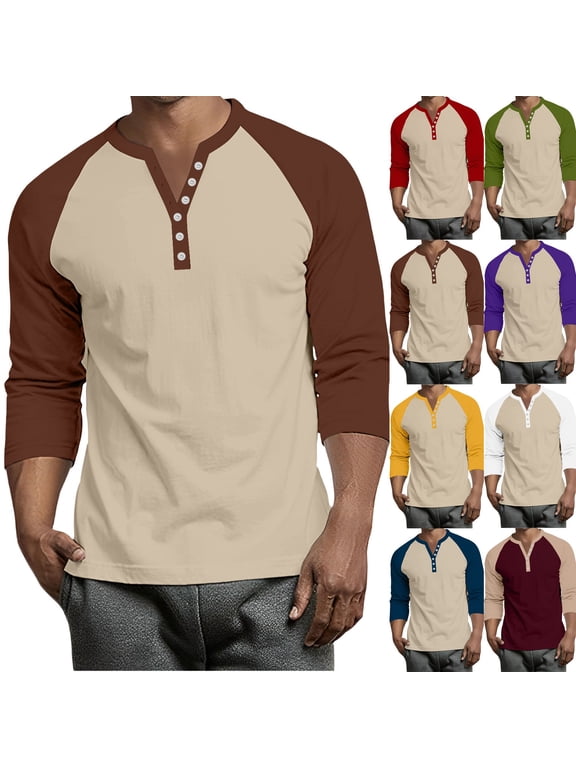 Raglan Sleeve 3/4 Sleeve T Shirts for Men Henley V Neck Button Down Mens Shirts Casual Stylish Color Block Big and Tall Mens Jerseys
