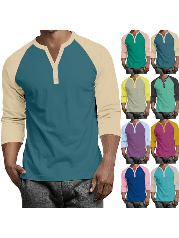 Raglan Sleeve 3/4 Sleeve Tee Shirts for Men Henley V Neck Button Down Casual Shirts for Men Color Block Big and Tall Jersey for Men