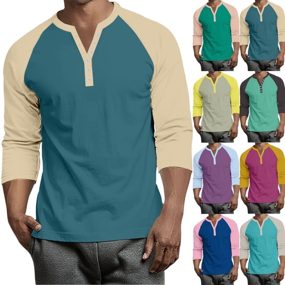 Hearthz Raglan Sleeve 3/4 Sleeve Tee Shirts for Men Henley V Neck Button Down Mens Shirts Casual Color Block Big and Tall Jerseys for Men
