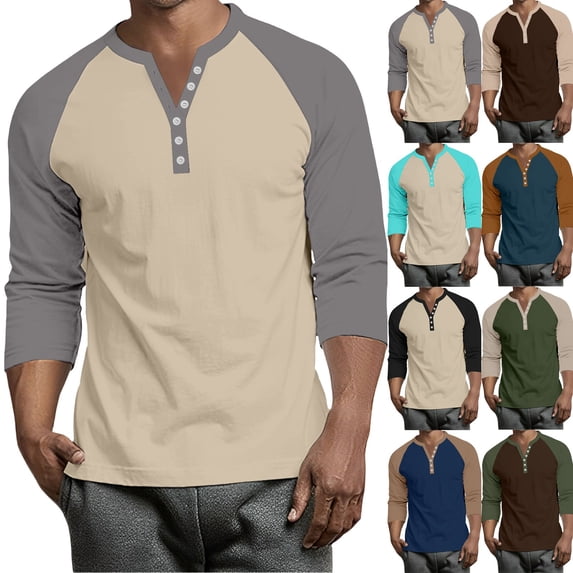 Hearthz Raglan Sleeve Baseball 3/4 Sleeve Shirt Men Henley V Neck Button Down Workout Shirts for Men Color Block Big and Tall Jerseys for Men
