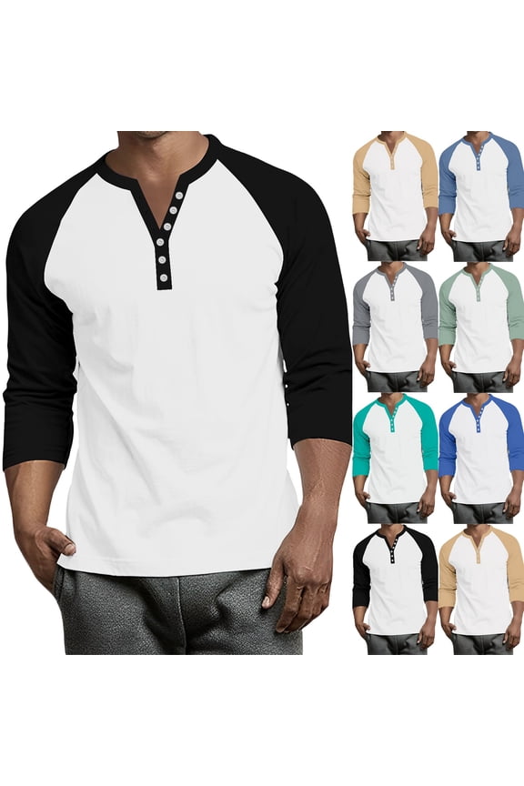 Raglan Sleeve Baseball Shirts for Men 3/4 Sleeve Henley V Neck Button Down Mens Casual Shirts Color Block Big and Tall Mens Jerseys