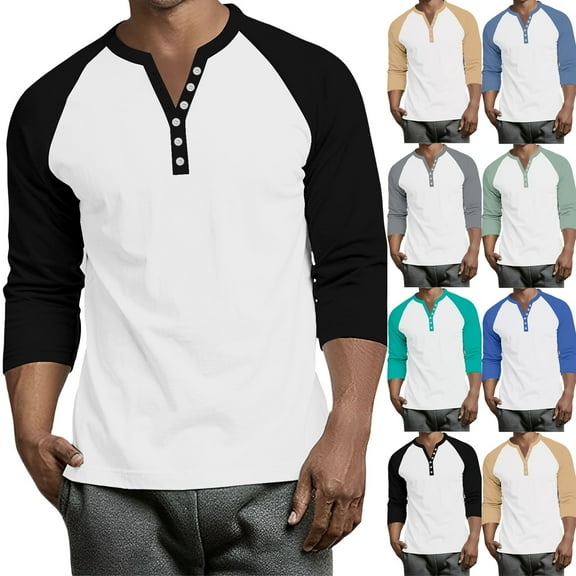 Hearthz Raglan Sleeve Baseball Shirts for Men 3/4 Sleeve Henley V Neck Button Down Mens Shirts Casual Color Block Big and Tall Jerseys for Men