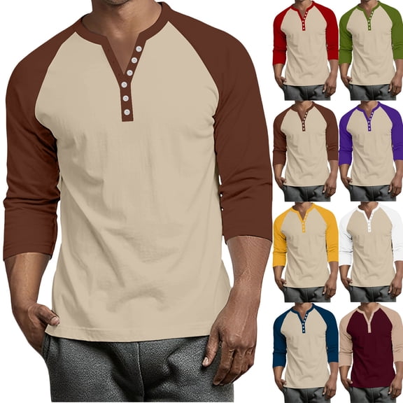 Hearthz Raglan Sleeve Baseball T Shirts for Men 3/4 Sleeve Henley V Neck Button Down Mens Shirts Color Block Big and Tall Mens Jerseys
