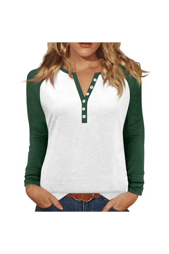 Raglan Sleeve Shirts for Women Color Block Womens Long Sleeve T Shirts Fall V-Neck Button Henley Shirts for Women Loose Fit