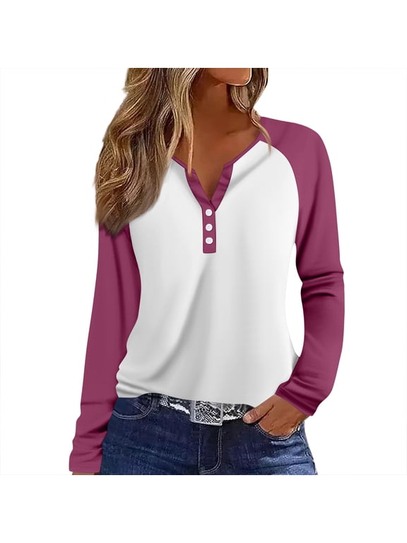 Raglan Sleeve Shirts for Women Colorblock Long Sleeve Shirts for Women Summer Fall Button V Neck Loose Fitting Henley Shirts for Women