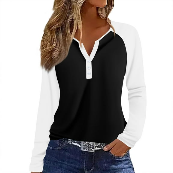 Hearthz Raglan Sleeve T Shirts for Women Color Block Long Sleeve Shirts for Women Dressy Plus Size Fall V-Neck Button Henley Shirts for Women Loose Fit