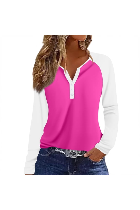 Raglan Sleeve T Shirts for Women Color Block Long Sleeve Shirts for Women Casual Loose Fall V-Neck Button Henley Shirts for Women