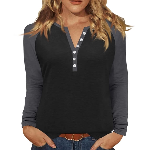 Hearthz Raglan Sleeve T Shirts for Women Color Block Long Sleeve Shirts for Women Cotton Fall V-Neck Button Loose Fitting Henley Shirts for Women
