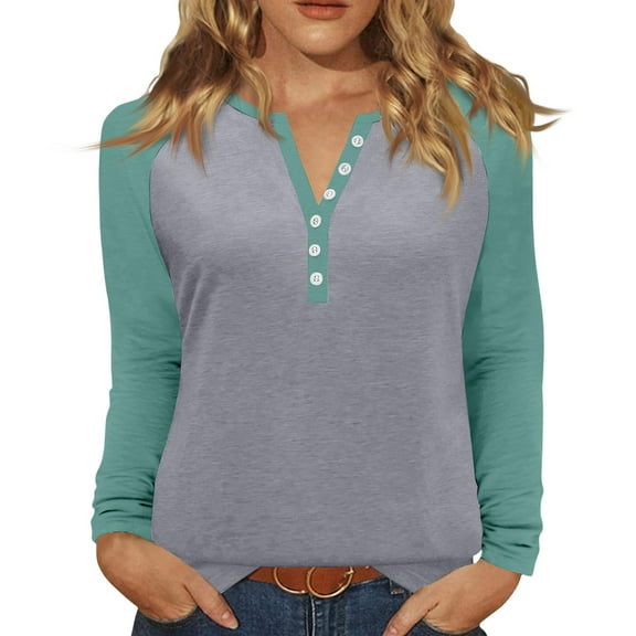 Hearthz Raglan Sleeve Tops for Women Color Block Long Sleeve Shirts for Women Cotton Fall V-Neck Button Henley Shirts for Women