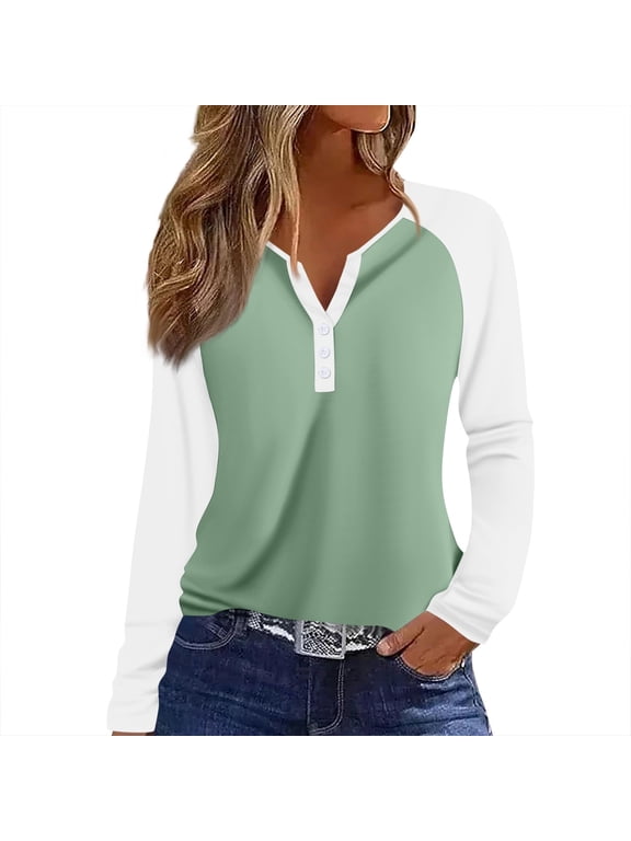 Raglan Sleeve Tops for Women Colorblock Long Sleeve Shirts for Women Dressy Fall V-Neck Button Loose Fitting Henley Shirts for Women