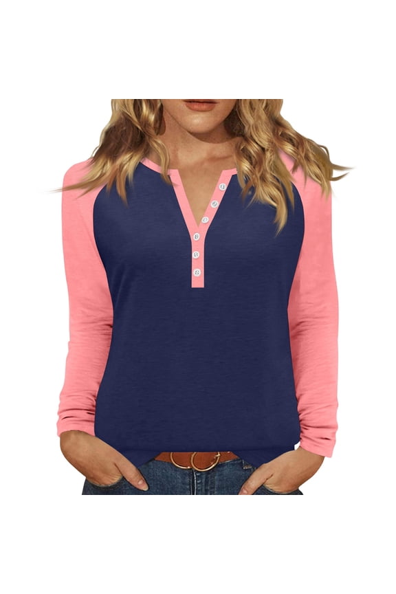 Raglan Sleeve Women Color Block Long Sleeve Shirts for Women Casual Loose Fall V-Neck Button Loose Fitting Henley Shirts for Women
