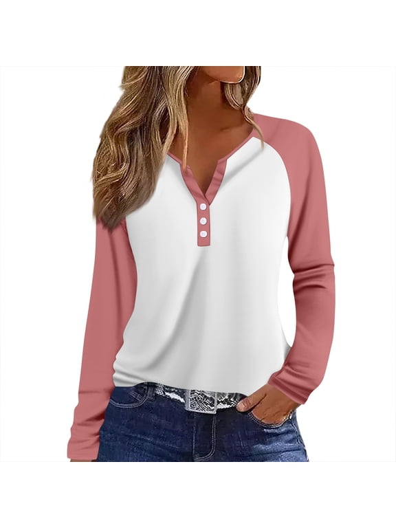 Raglan Sleeve Women's Top Color Block Womens Long Sleeve Tops Fall V-Neck Button Henley Shirts for Women Loose Fit