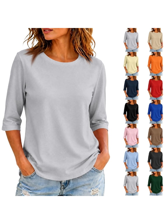 Raglan Women 3/4 Sleeve Tops Solid Color Basic Women's Crew Neck T Shirts Athletic Workout Plain Teacher Shirts for Women
