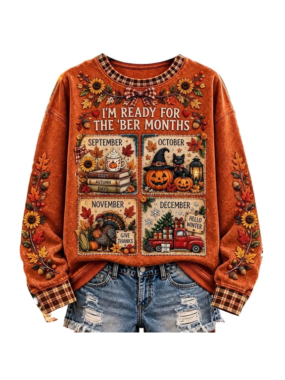 I'm Ready for the Ber Months Oversized Crew Neck Sweatshirt Women Long Sleeve Four Season Graphic Pullover Sweatshirts for Women Fall Winter Drop Shoulder Women's Pullover Sweaters
