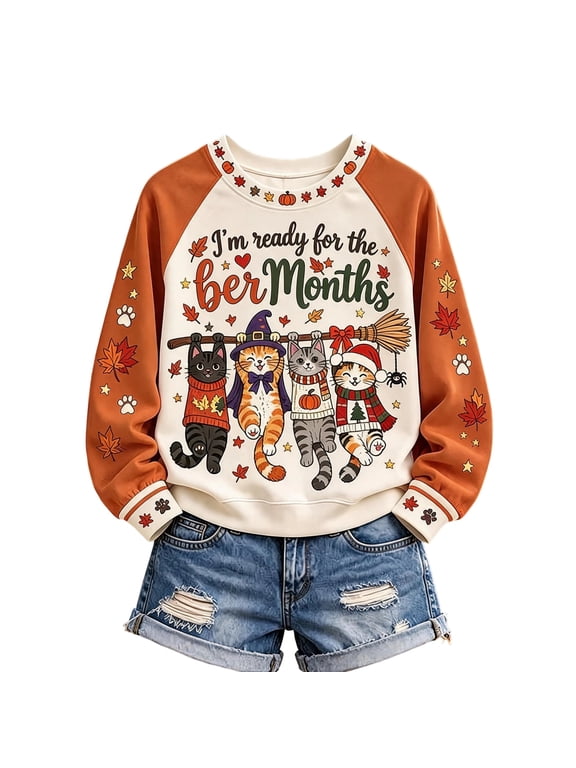 I'm Ready for the Ber Months Womens Crewneck Sweatshirt Long Sleeve Four Season Graphic Ladies Sweatshirts Fall Winter Drop Shoulder Women's Pullover Sweaters