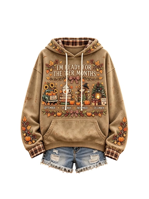 I'm Ready for the 'ber Months Hooded Sweatshirt Women Plaid Cuff Drawstring Lightweight Sweatshirts for Women Vintage Fall Pumpkin Harvest Print Pullover Top
