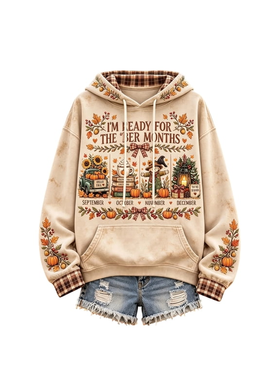 I'm Ready for the 'ber Months Light Hoodies for Women Plaid Cuff Drawstring Ladies Sweatshirts Vintage Fall Pumpkin Harvest Print Pullover Top