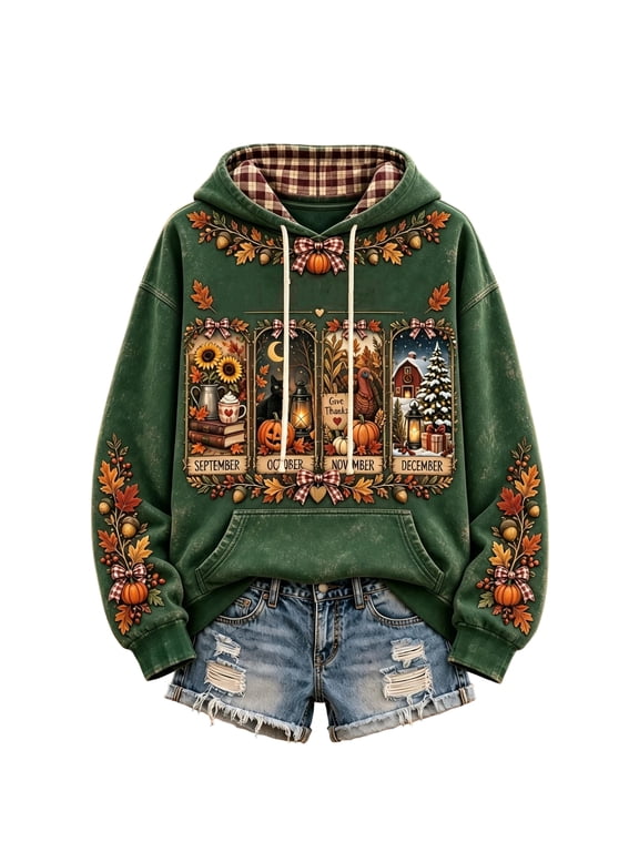 I'm Ready for the 'ber Months Lightweight Hoodies for Women Plaid Cuff Drawstring Lightweight Sweatshirts for Women Vintage Fall Pumpkin Harvest Print Pullover Sweaters for Women