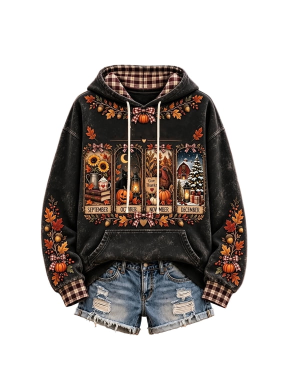I'm Ready for the 'ber Months Women's Hoodie Plaid Cuff Drawstring Womens Sweatshirt Vintage Fall Pumpkin Harvest Print Pull Over Sweaters Womens