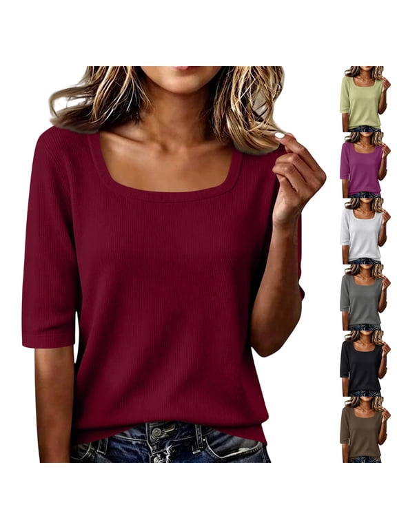 Ribbed Knit T Shirts for Women Elbow Length Sleeve Top Square Neck Textured Knit Layering Tops Fall Winter Basic Tees for Women Coffee XL
