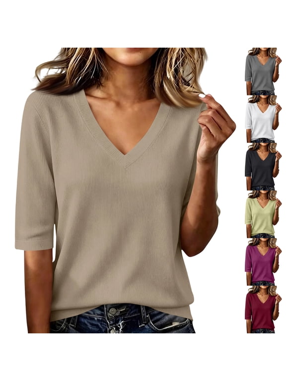 Ribbed Knit Tshirts Shirts for Women Elbow Length Sleeve Tunic Top V Neck Textured Knit Layering Tops Fall Winter Basic Tees for Women Black L