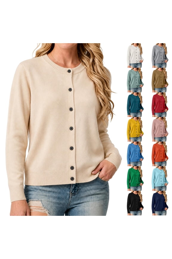 Ribbed Knit Women Cardigan Sweater Crew Neck Button Down Womens Cardigan Sweaters Fall 2026 Solid Color Knit Jacket Pink M