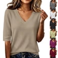 thumbnail image 1 of Hearthz Ribbed Knit Women Shirts Elbow Length Sleeve Tunic Top V Neck Textured Knit Layering Tops Fall Winter Basic Tops for Women Gray S, 1 of 6