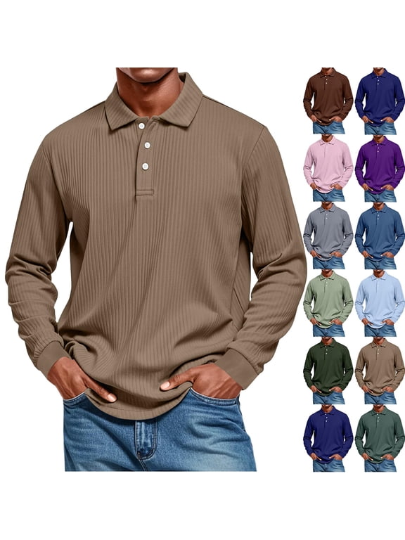 Ribbed Polo Shirts Men Collared Button Down Mens Shirts Long Sleeve Big and Tall Men Plain T Shirts Dark Purple L
