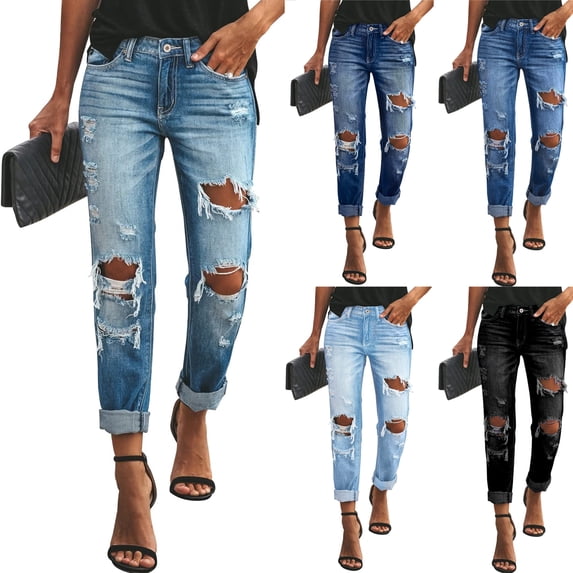 Hearthz Ripped Womens Jeans Mid Waisted Stretchy Distressed Women's Jeans Trendy Seamed Front Loose Denim Pants Women with Pockets