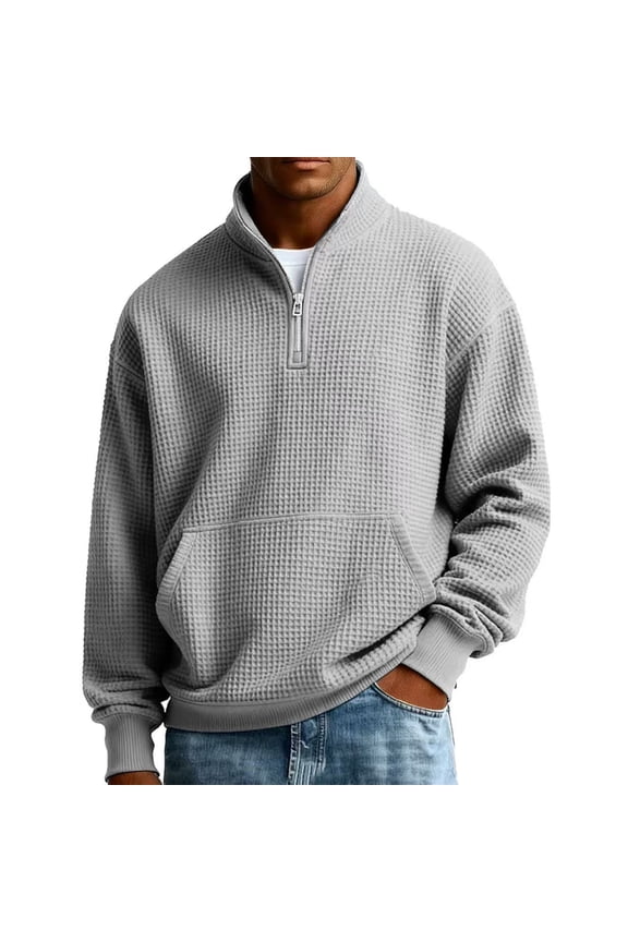 S-3XL Mens Pullover Quarter Zip Waffle Knit Mens Shirts Long Sleeve Casual Loose Athletic Mock Neck Knitted Sweaters Pullover with Pocket