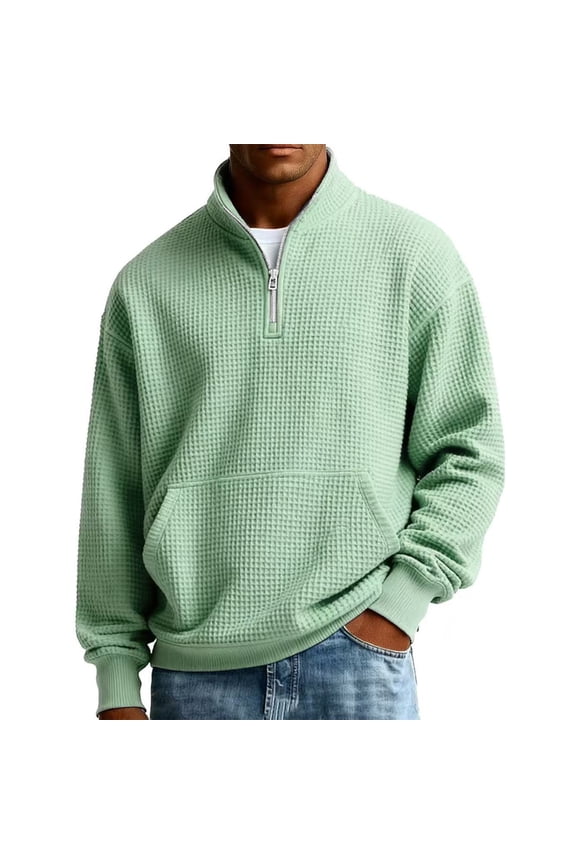 S-3XL Mens Quarter Zip Pullover Waffle Knit Shirts for Men Long Sleeve Casual Loose Athletic Mock Neck Knitted Sweaters Pullover with Pocket