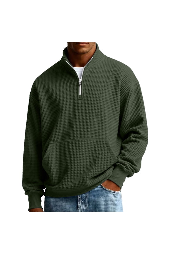 S-3XL Quarter Zip Pullover Men Waffle Knit Shirts for Men Long Sleeve Casual Loose Athletic Mock Neck Knitted Sweaters Pullover with Pocket