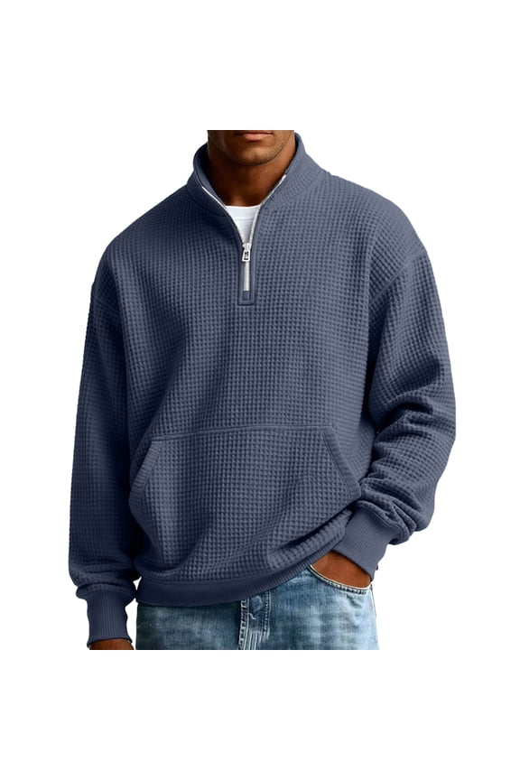 S-3XL Quarter Zip Sweatshirt Men Waffle Knit Long Sleeve Shirts Men Casual Loose Athletic Mock Neck Knitted Sweaters Pullover with Pocket