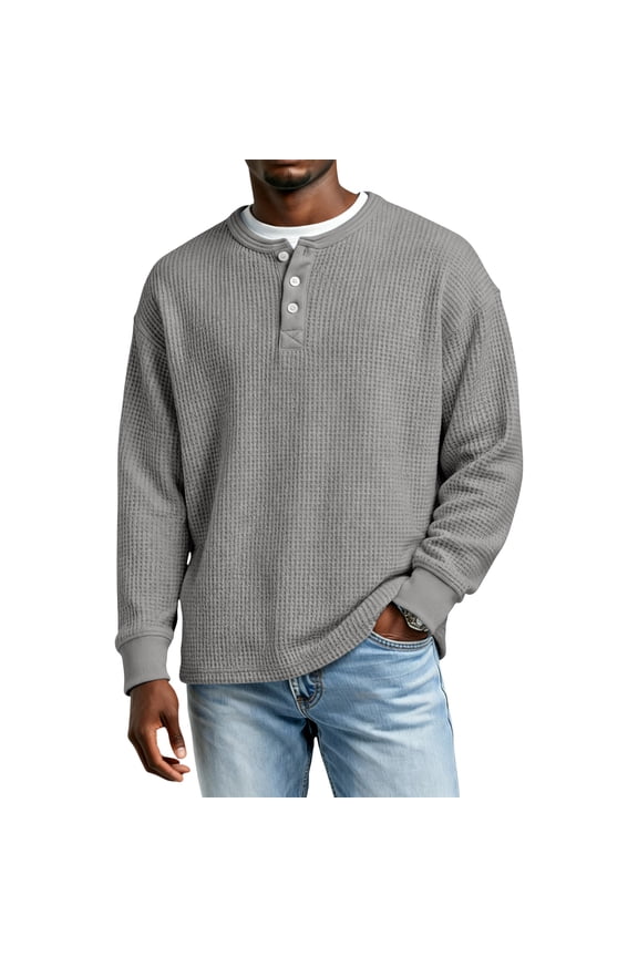 S-4XL Long Sleeve Shirts Men Henley Waffle Knit Mens Sweatshirts Casual Loose Athletic Warm Knitted Sweaters Pullover