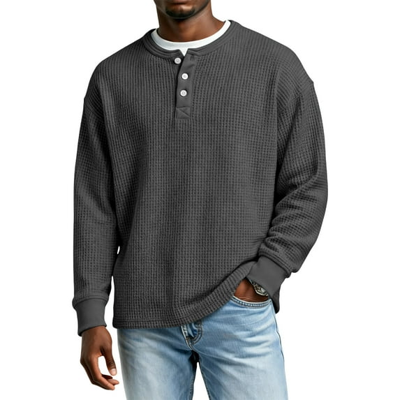 Hearthz S-4XL Men Long Sleeve Shirt Henley Waffle Knit Men's Sweatshirt Casual Loose Athletic Warm Knitted Sweaters Pullover