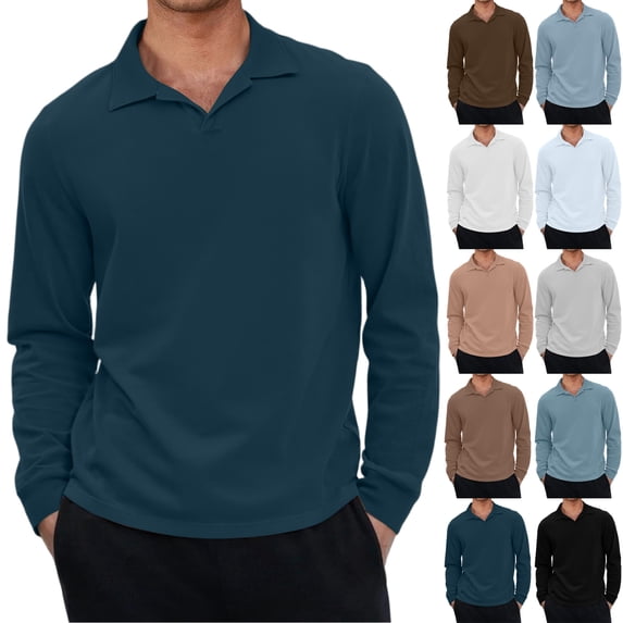 Hearthz S-4XL Men’s Polo Shirts V-Neck Collared Cotton Long Sleeve Shirt Men Big and Tall Men Plain T Shirts White S