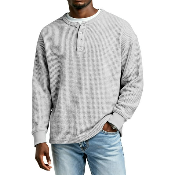 Hearthz S-4XL Mens Long Sleeve Shirts Henley Waffle Knit Men's Sweatshirts Casual Loose Athletic Warm Knitted Sweaters Pullover