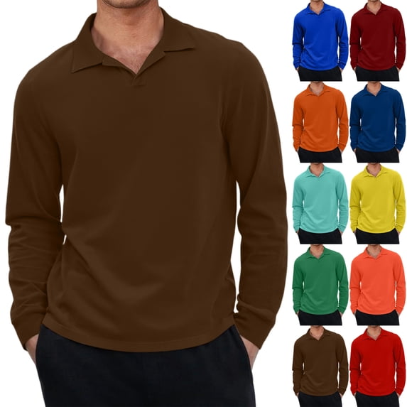 Hearthz S-4XL Mens Polo Shirt V-Neck Collared Long Sleeve Shirts for Men Cotton Big and Tall Mens Solid Color T Shirts Yellow L