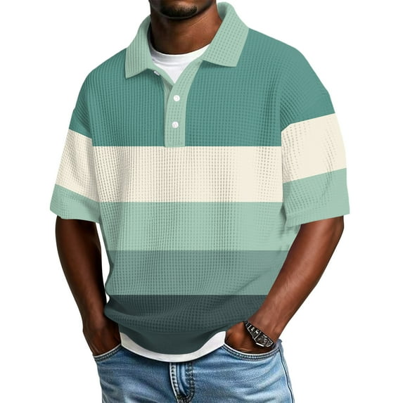 Hearthz S-4XL Striped Golf Shirt for Men Short Sleeve Casual Color Block Collared Men's Shirts Button Down Waffle Knit Men's Polo Shirts