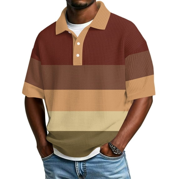 Hearthz S-4XL Striped Men Golf Shirt Short Sleeve Casual Color Block Collared Men's Button Down Shirts Waffle Knit Men's Polo Shirts