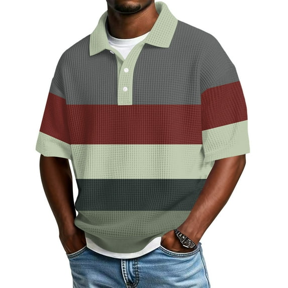 Hearthz S-4XL Striped Mens Golf Shirt Short Sleeve Casual Color Block Collared Button Down Shirt for Men Waffle Knit Polo Shirt for Men