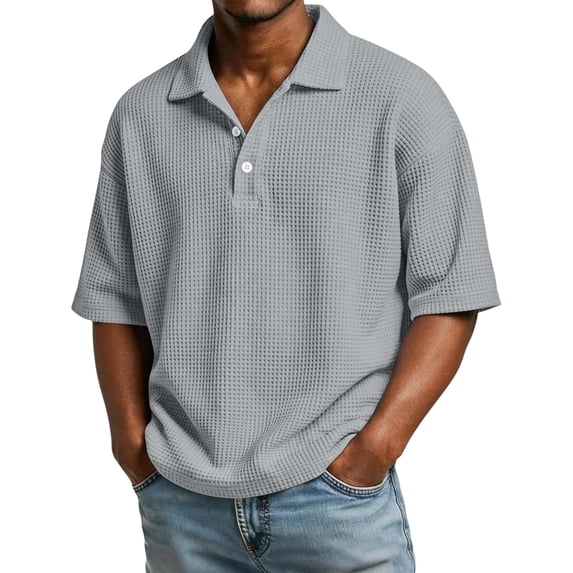 Hearthz S-4xl Waffle Mens Shirts Short Sleeve Lapel Collar Men's Button Down Shirt Lightweight Running Gym Baseball Jersey Gray L