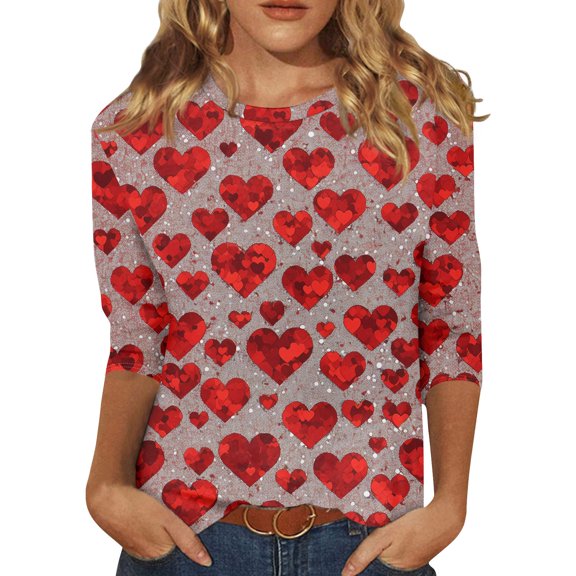 Hearthz S-5XL 3/4 Sleeve Valentine Shirts for Women Round Neck Funny Love Heart Graphic 3/4 Sleeve Tees for Women